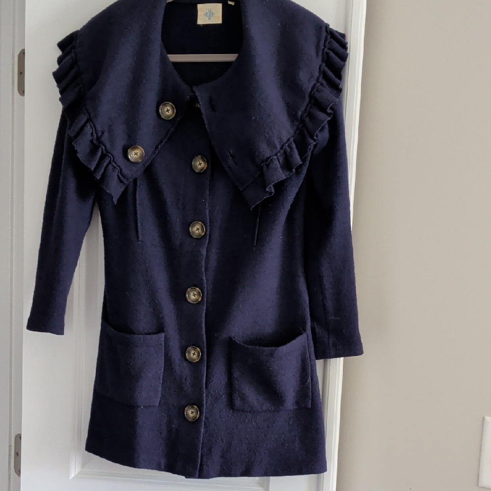 Anthropologie Navy Sweater Cape with Ruffles